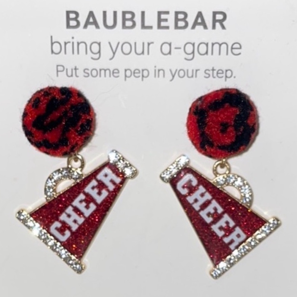 NIB BaubleBar Festive Cheer Megaphone Earrings Red Black Pom Pom Sparkle Accents